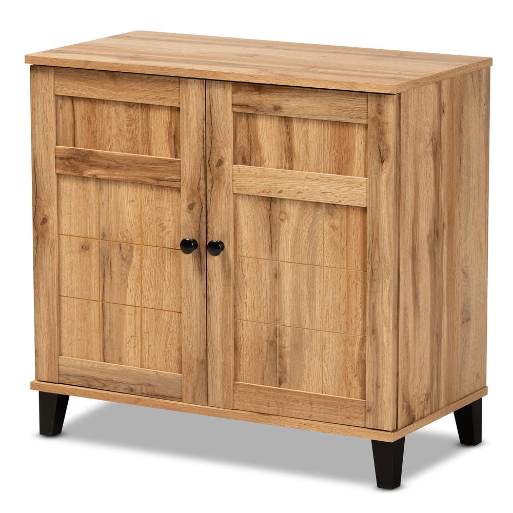 Oak Brown Finished Wood 2-Door Shoe Storage Cabinet. Picture 13