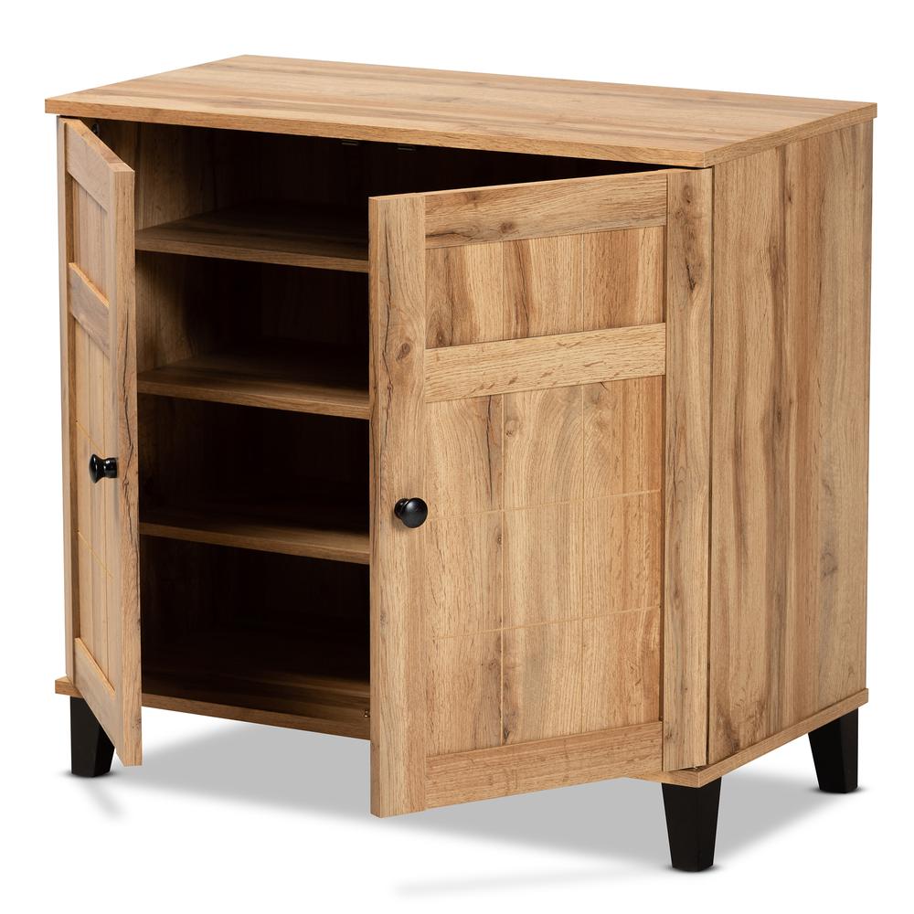 Oak Brown Finished Wood 2-Door Shoe Storage Cabinet. Picture 14