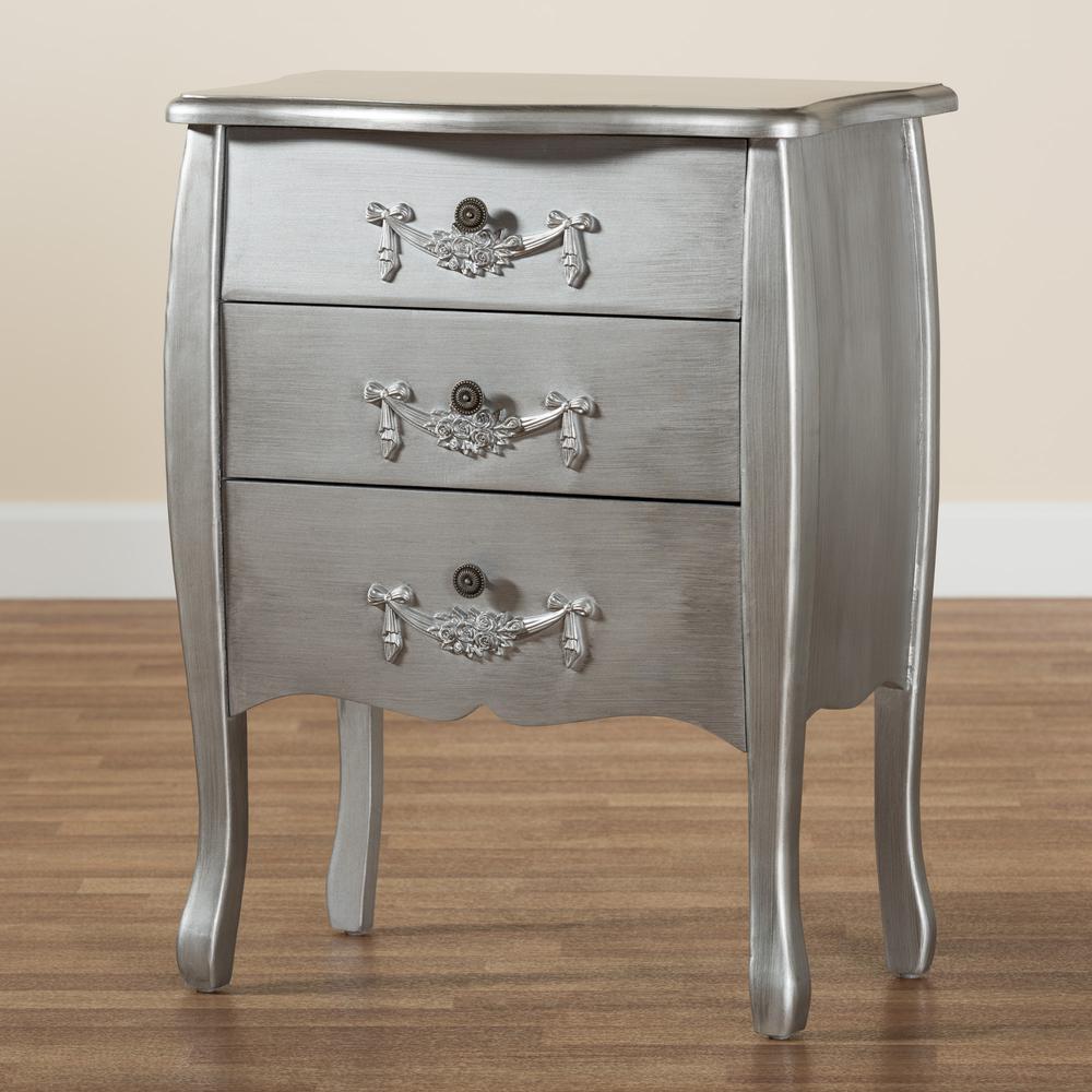 Traditional Brushed Silver Finished Wood 3-Drawer Storage Cabinet. Picture 19