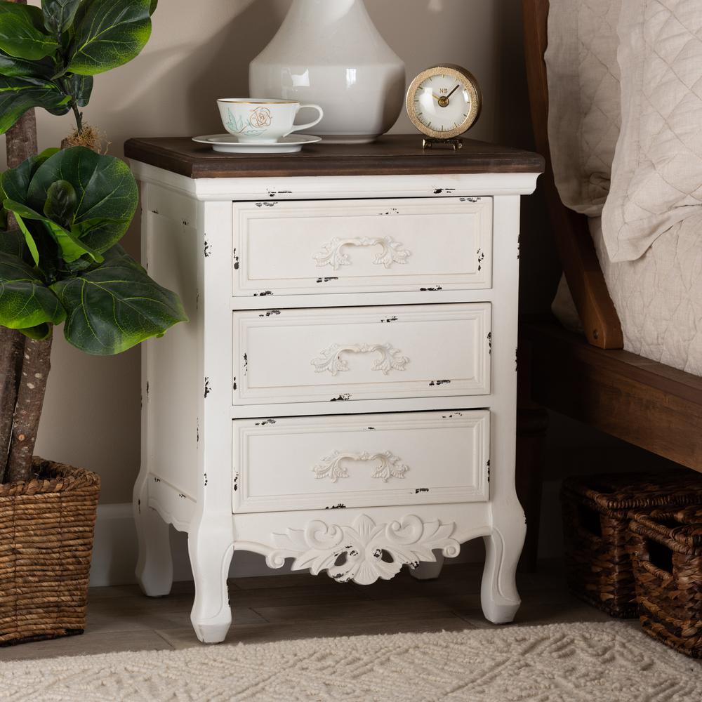 Baxton Studio Levron Classic and Traditional Walnut Brown and Antique White Finished Wood 3-Drawer Nightstand. Picture 9