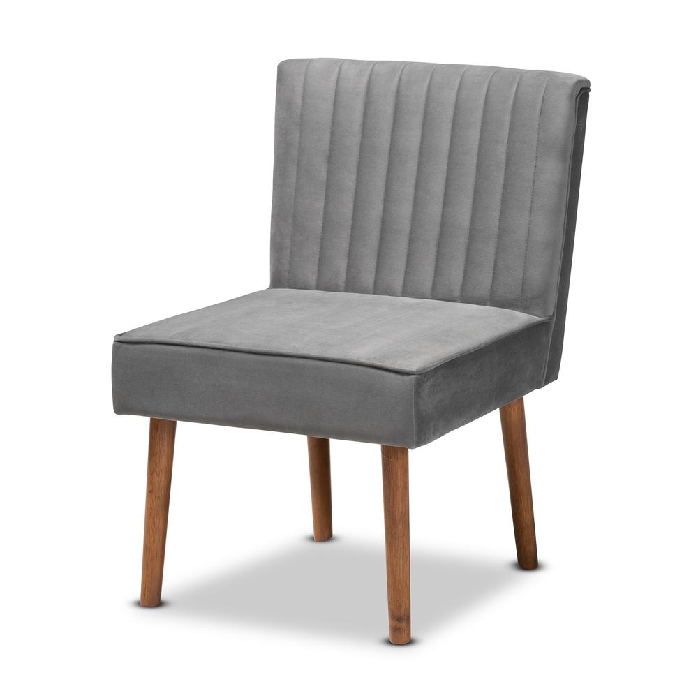 Grey Velvet Upholstered and Walnut Brown Finished Wood Dining Chair. Picture 11