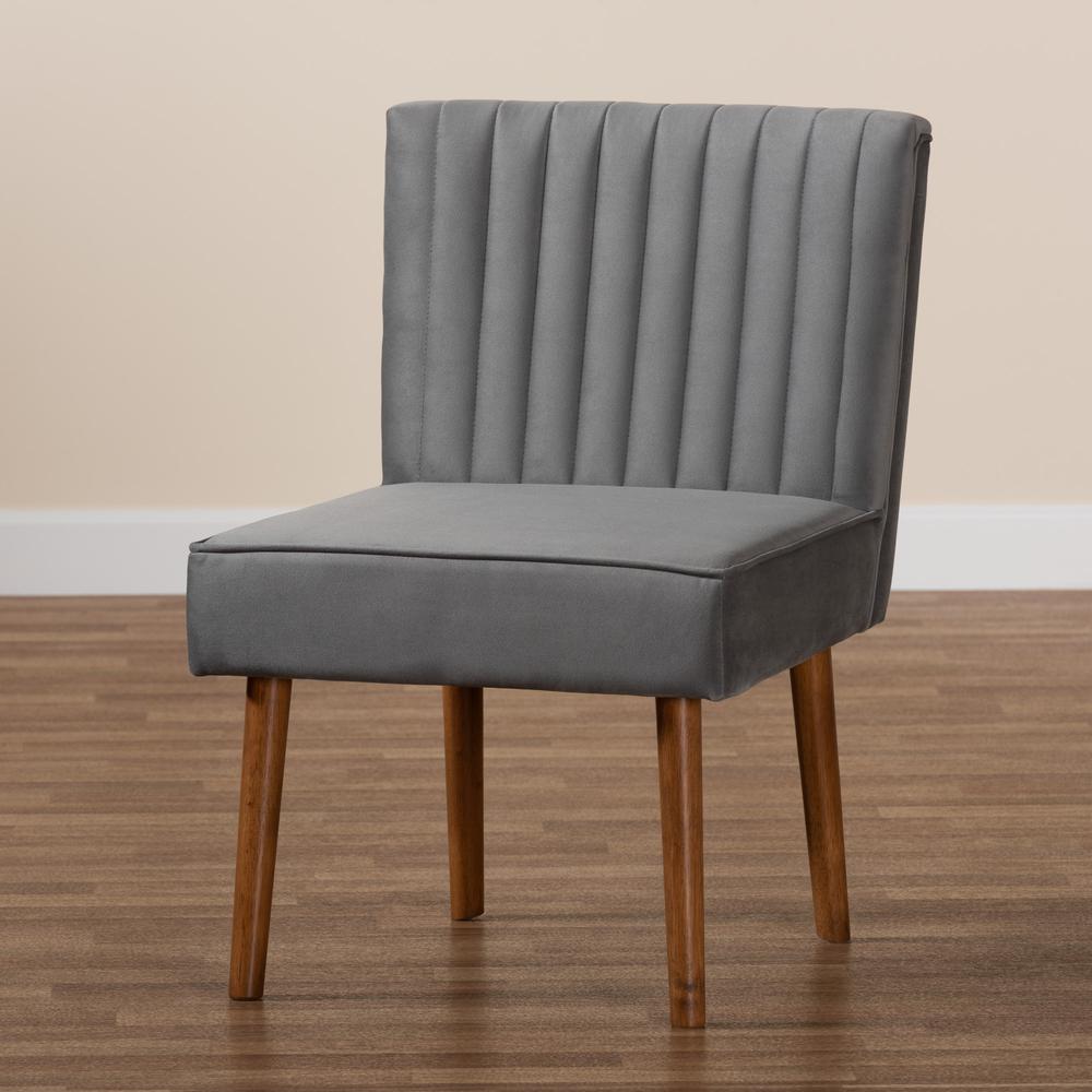 Grey Velvet Upholstered and Walnut Brown Finished Wood Dining Chair. Picture 19