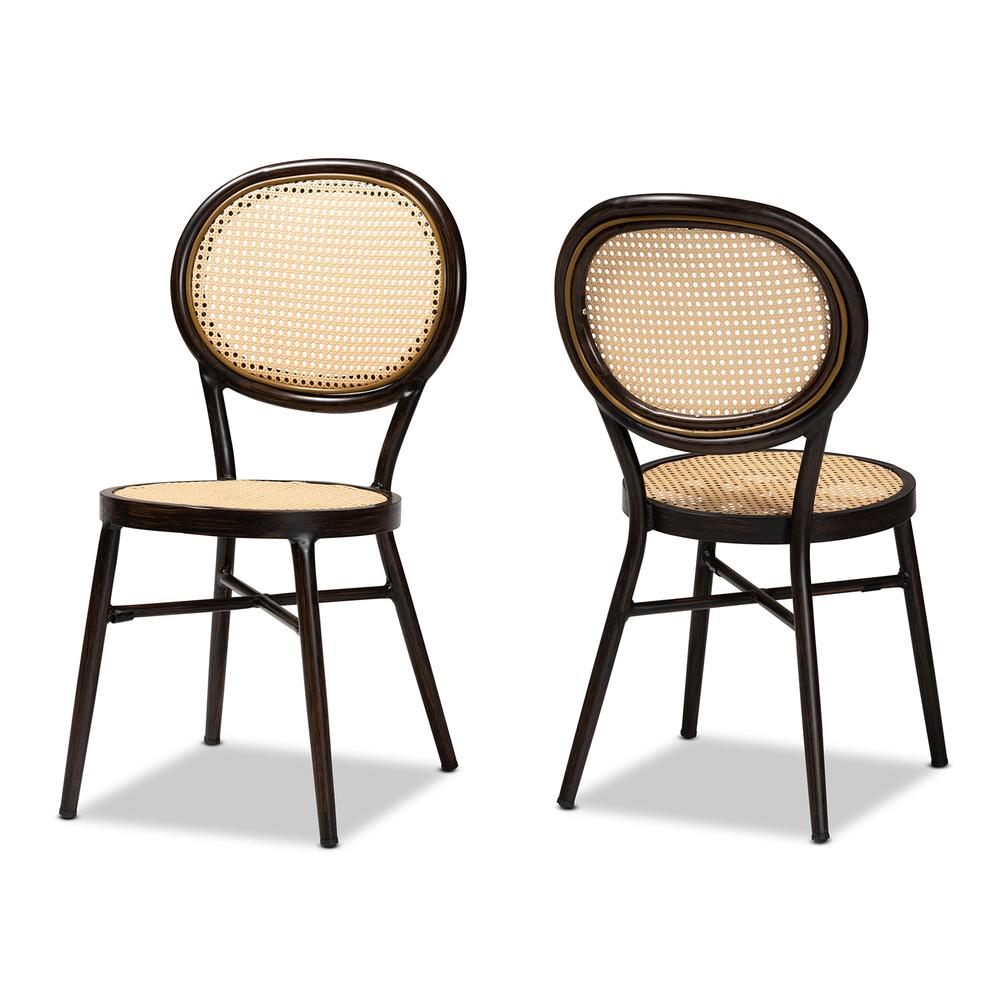 Dark Brown Finished Metal and Synthetic Rattan 2-Piece Outdoor Dining Chair Set. Picture 11