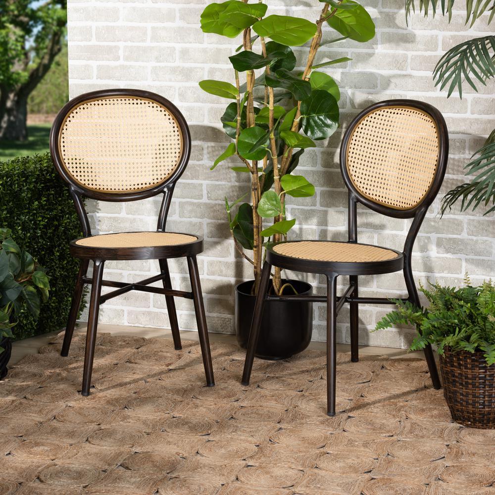 Dark Brown Finished Metal and Synthetic Rattan 2-Piece Outdoor Dining Chair Set. Picture 17