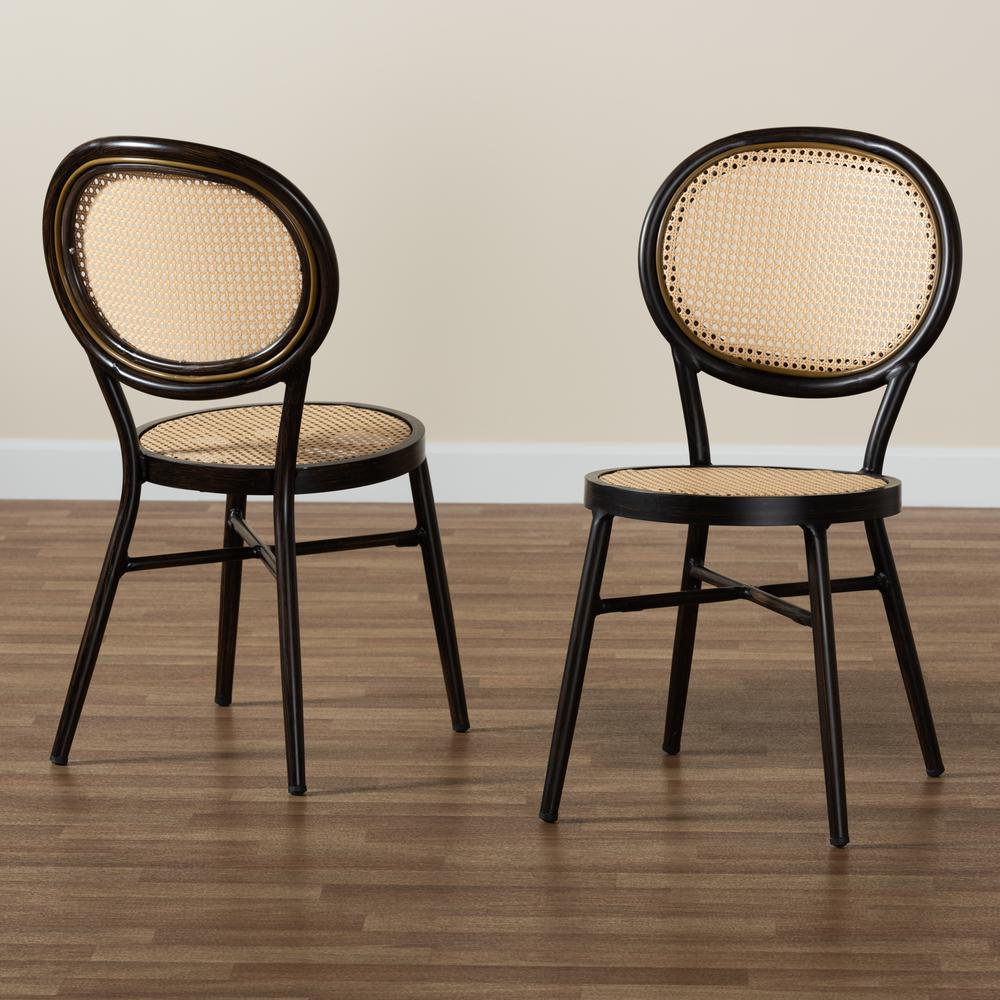 Dark Brown Finished Metal and Synthetic Rattan 2-Piece Outdoor Dining Chair Set. Picture 18