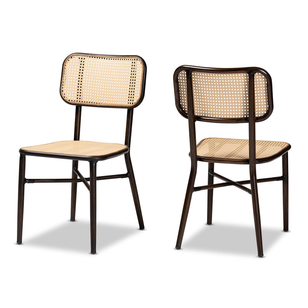 Dark Brown Finished Metal and Synthetic Rattan 2-Piece Outdoor Dining Chair Set. Picture 11