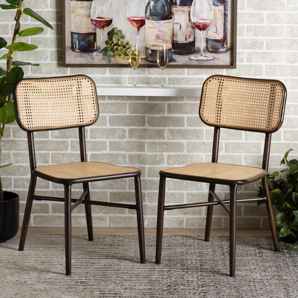 Dark Brown Finished Metal and Synthetic Rattan 2-Piece Outdoor Dining Chair Set. Picture 20