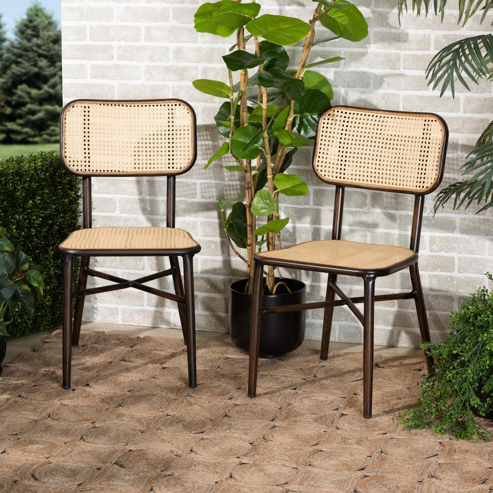 Dark Brown Finished Metal and Synthetic Rattan 2-Piece Outdoor Dining Chair Set. Picture 17