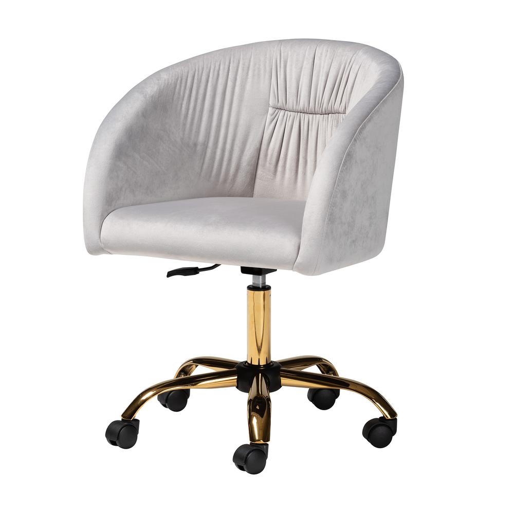 Glam and Luxe Grey Velvet Fabric and Gold Metal Swivel Office Chair. Picture 14