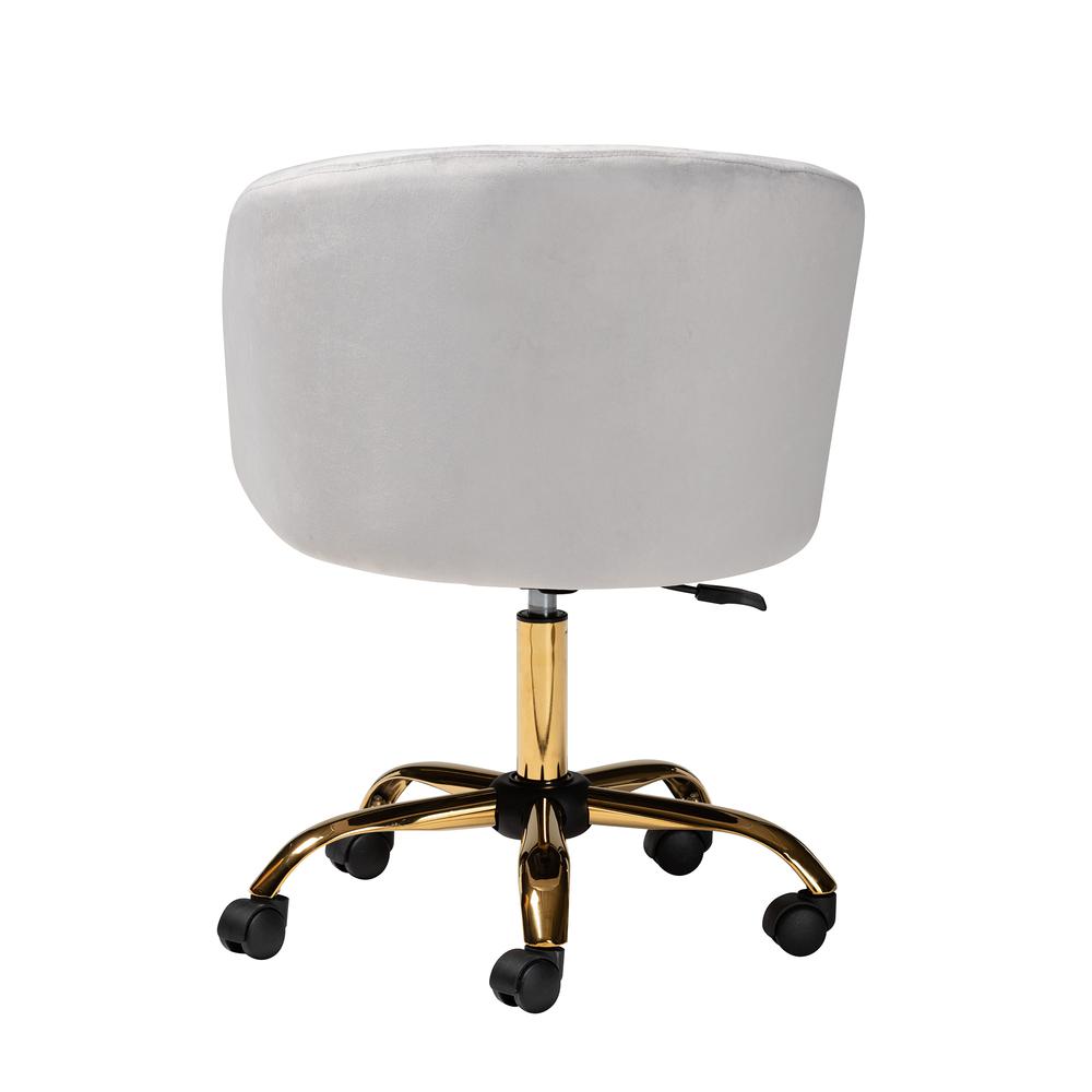 Glam and Luxe Grey Velvet Fabric and Gold Metal Swivel Office Chair. Picture 17