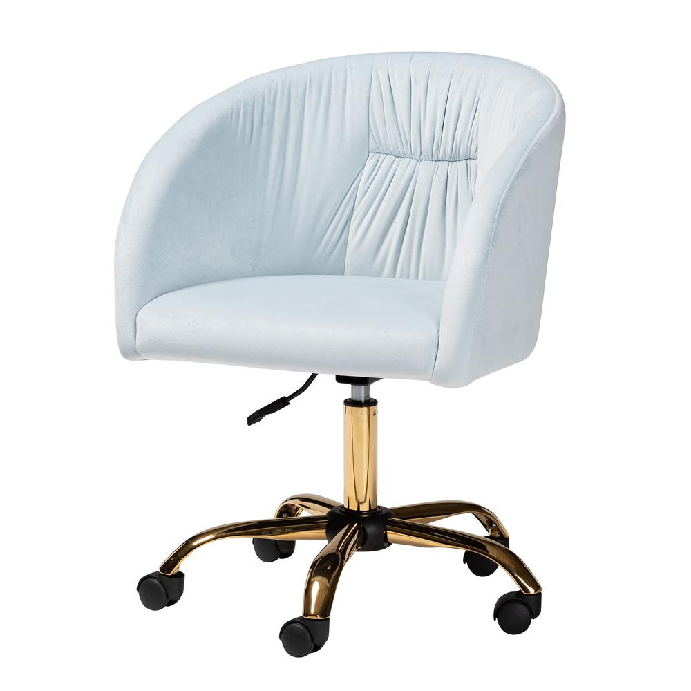 Glam and Luxe Aqua Velvet Fabric and Gold Metal Swivel Office Chair. Picture 14
