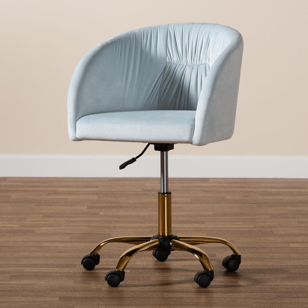 Glam and Luxe Aqua Velvet Fabric and Gold Metal Swivel Office Chair. Picture 24