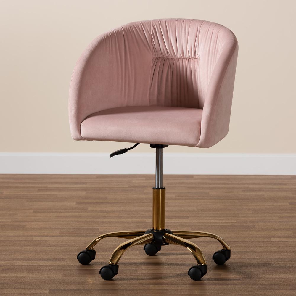 Glam and Luxe Blush Pink Velvet Fabric and Gold Metal Swivel Office Chair. Picture 24