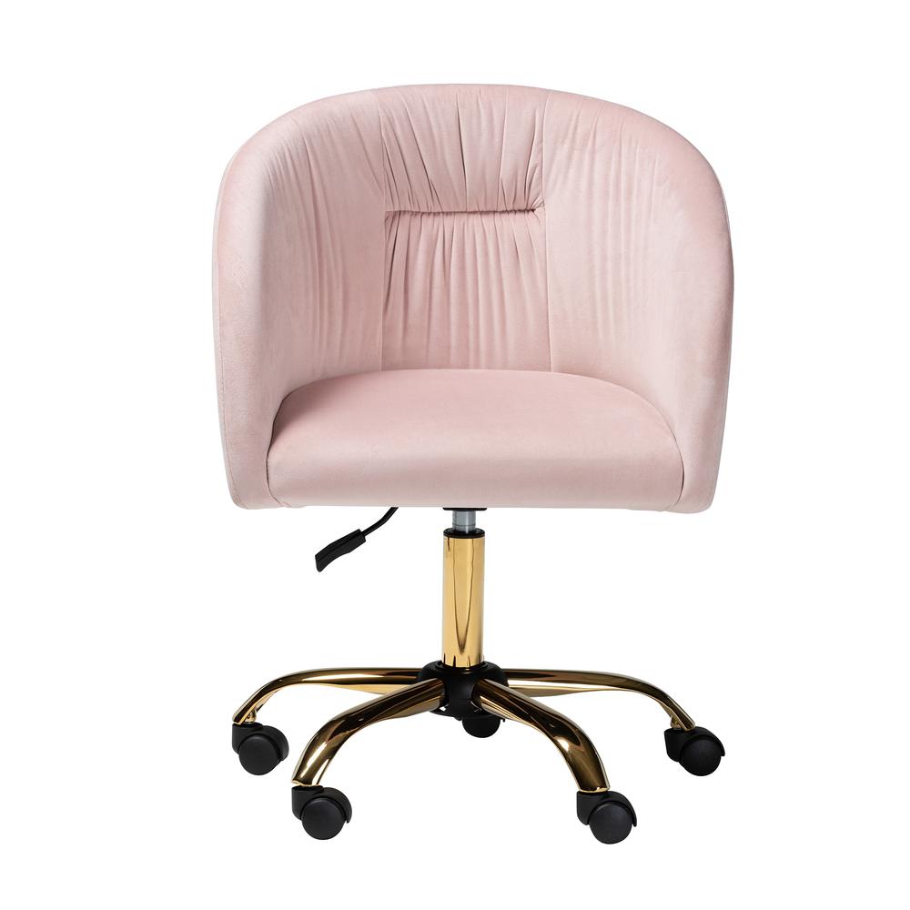 Glam and Luxe Blush Pink Velvet Fabric and Gold Metal Swivel Office Chair. Picture 15
