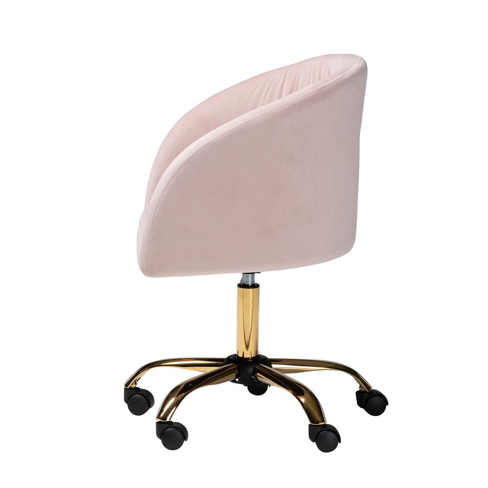 Glam and Luxe Blush Pink Velvet Fabric and Gold Metal Swivel Office Chair. Picture 16