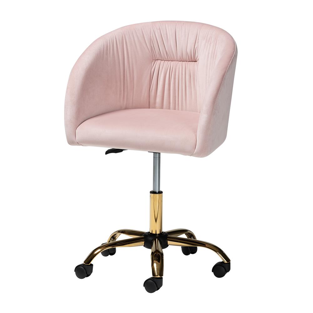 Glam and Luxe Blush Pink Velvet Fabric and Gold Metal Swivel Office Chair. Picture 18