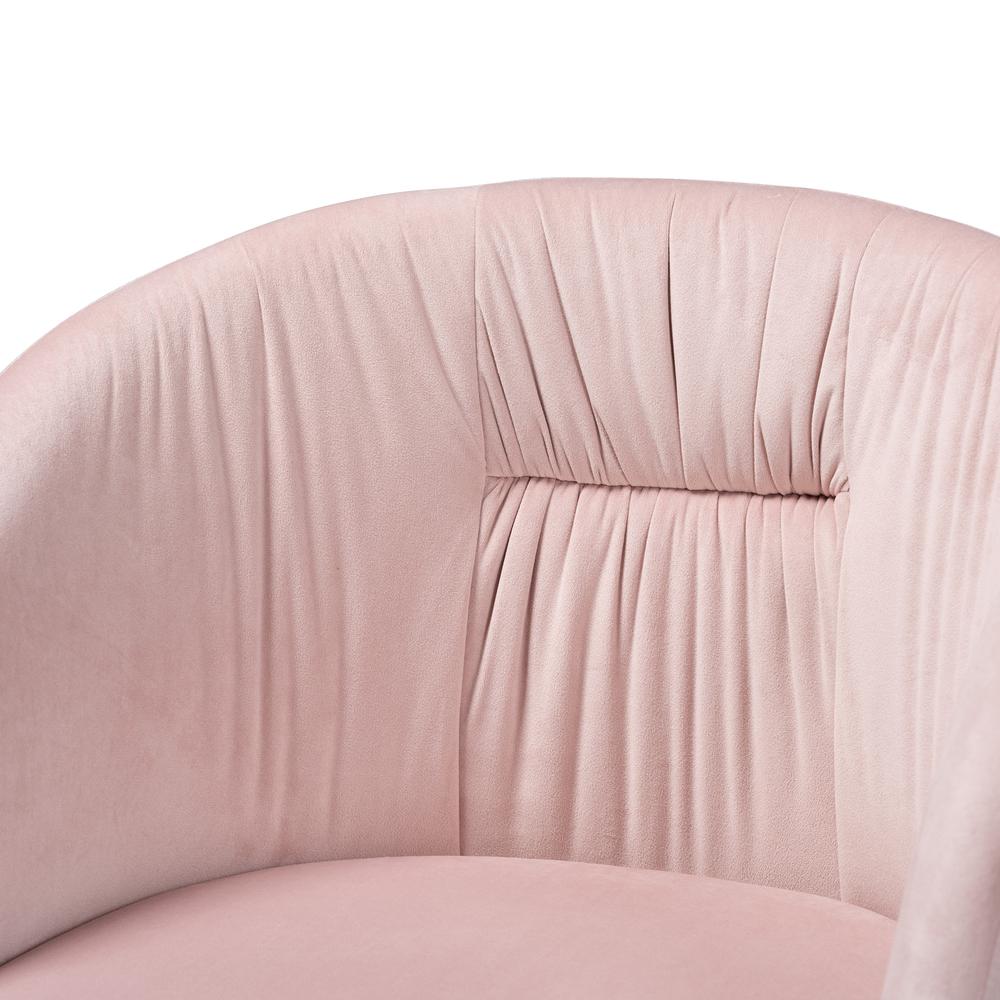 Glam and Luxe Blush Pink Velvet Fabric and Gold Metal Swivel Office Chair. Picture 19