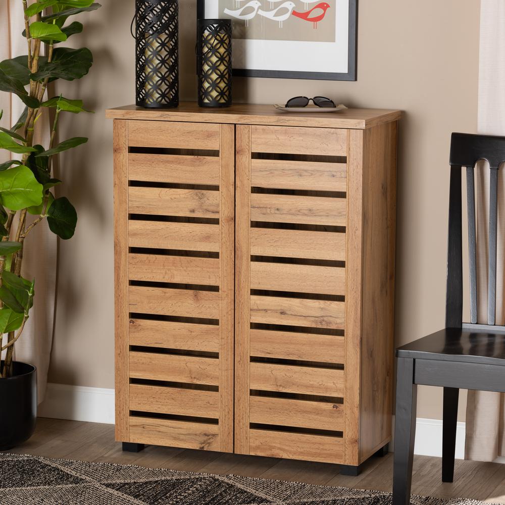 Oak Brown Finished Wood 2-Door Shoe Storage Cabinet. Picture 18