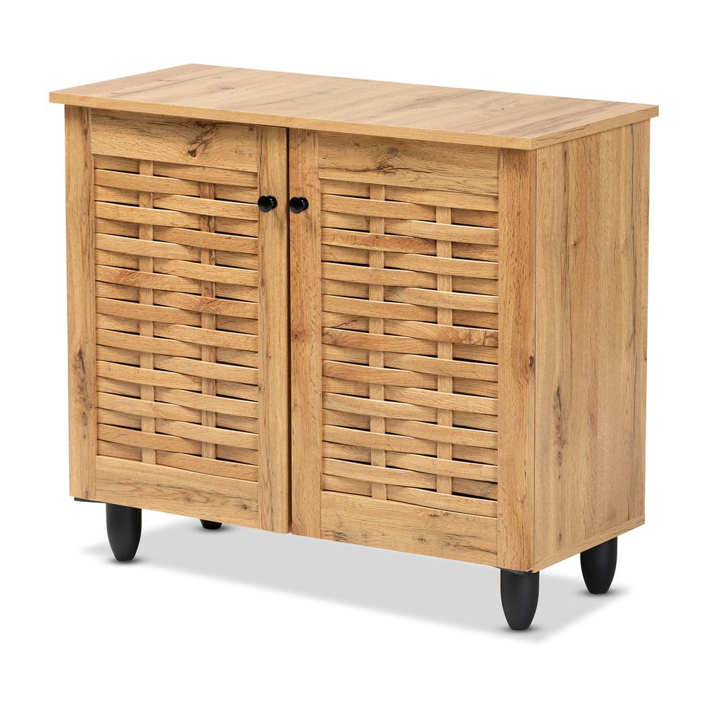 Winda Modern and Contemporary Oak Brown Finished Wood 2-Door Shoe Cabinet. Picture 11