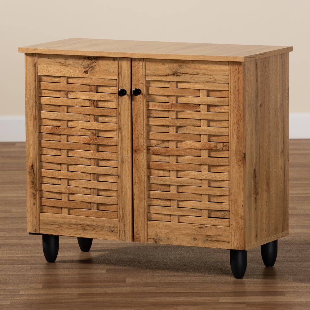 Winda Modern and Contemporary Oak Brown Finished Wood 2-Door Shoe Cabinet. Picture 19