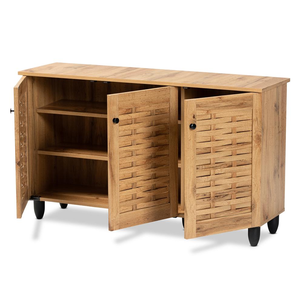 Winda Modern and Contemporary Oak Brown Finished Wood 3-Door Shoe Cabinet. Picture 13