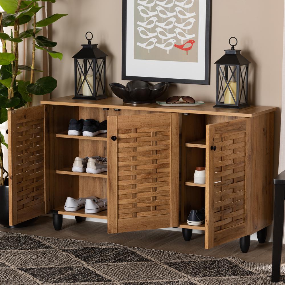Winda Modern and Contemporary Oak Brown Finished Wood 3-Door Shoe Cabinet. Picture 19