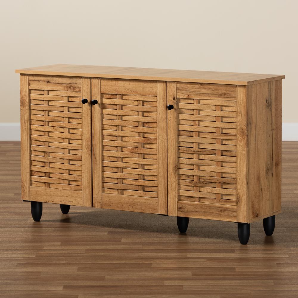 Winda Modern and Contemporary Oak Brown Finished Wood 3-Door Shoe Cabinet. Picture 20