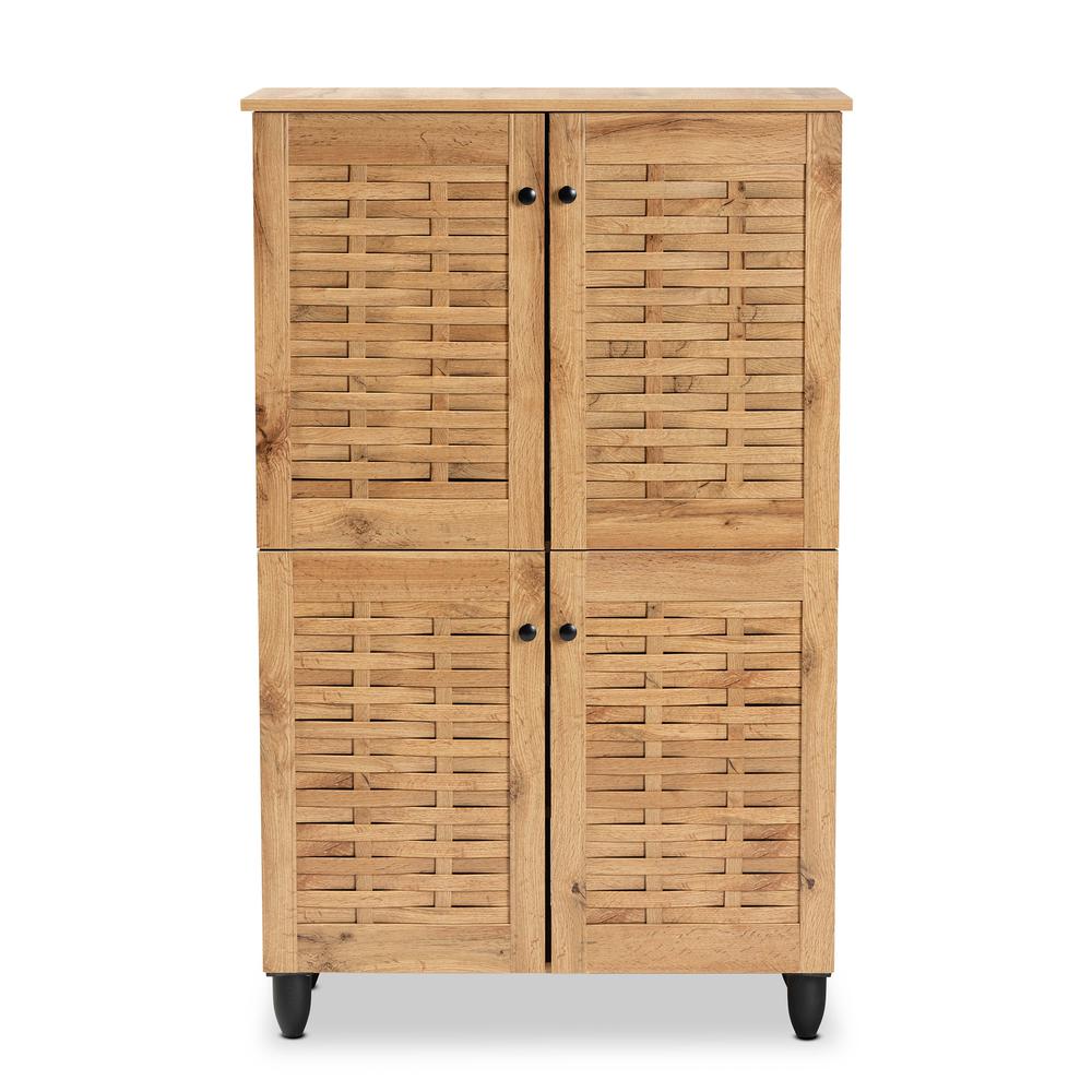 Oak Brown Finished Wood 4-Door Shoe Storage Cabinet. Picture 13