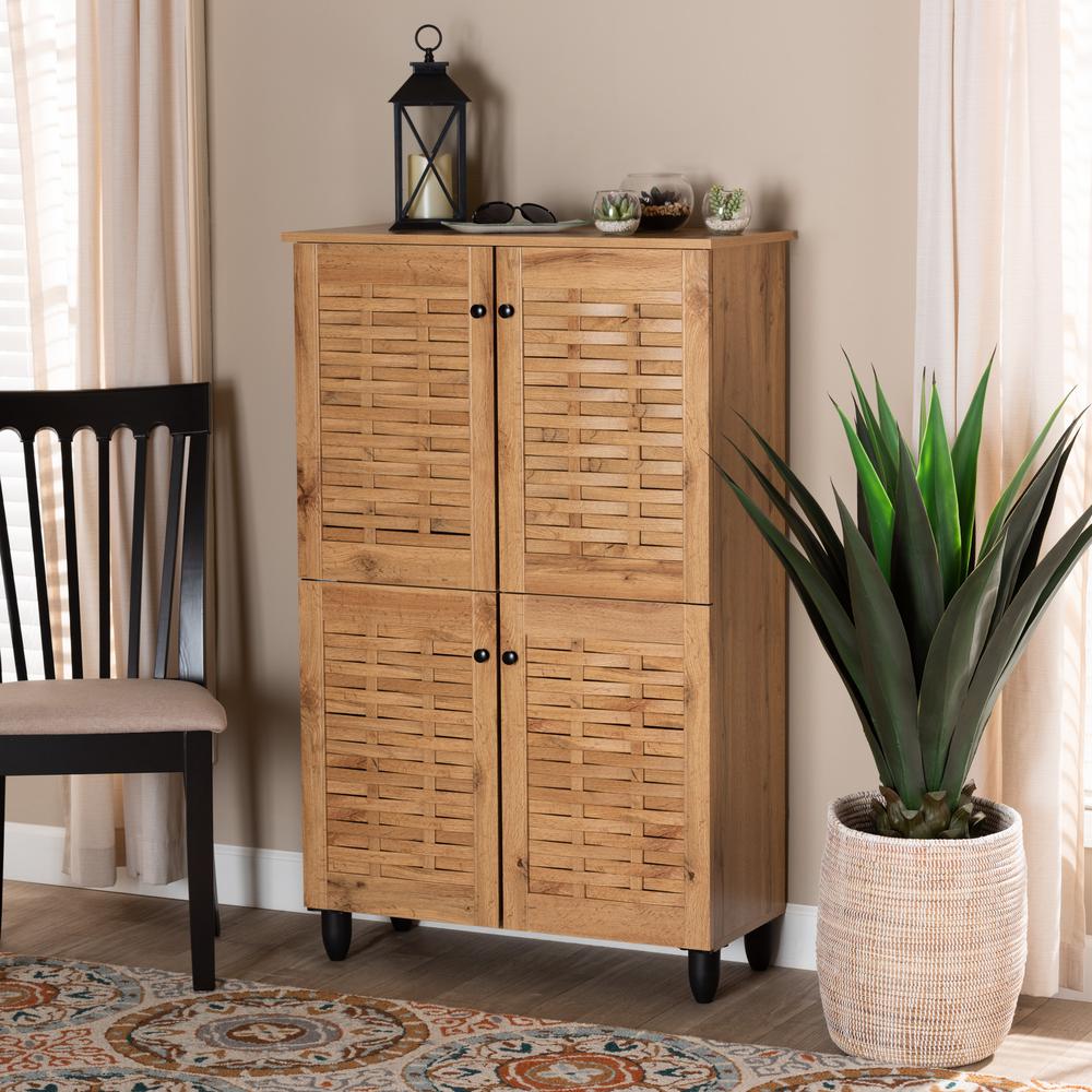 Oak Brown Finished Wood 4-Door Shoe Storage Cabinet. Picture 17