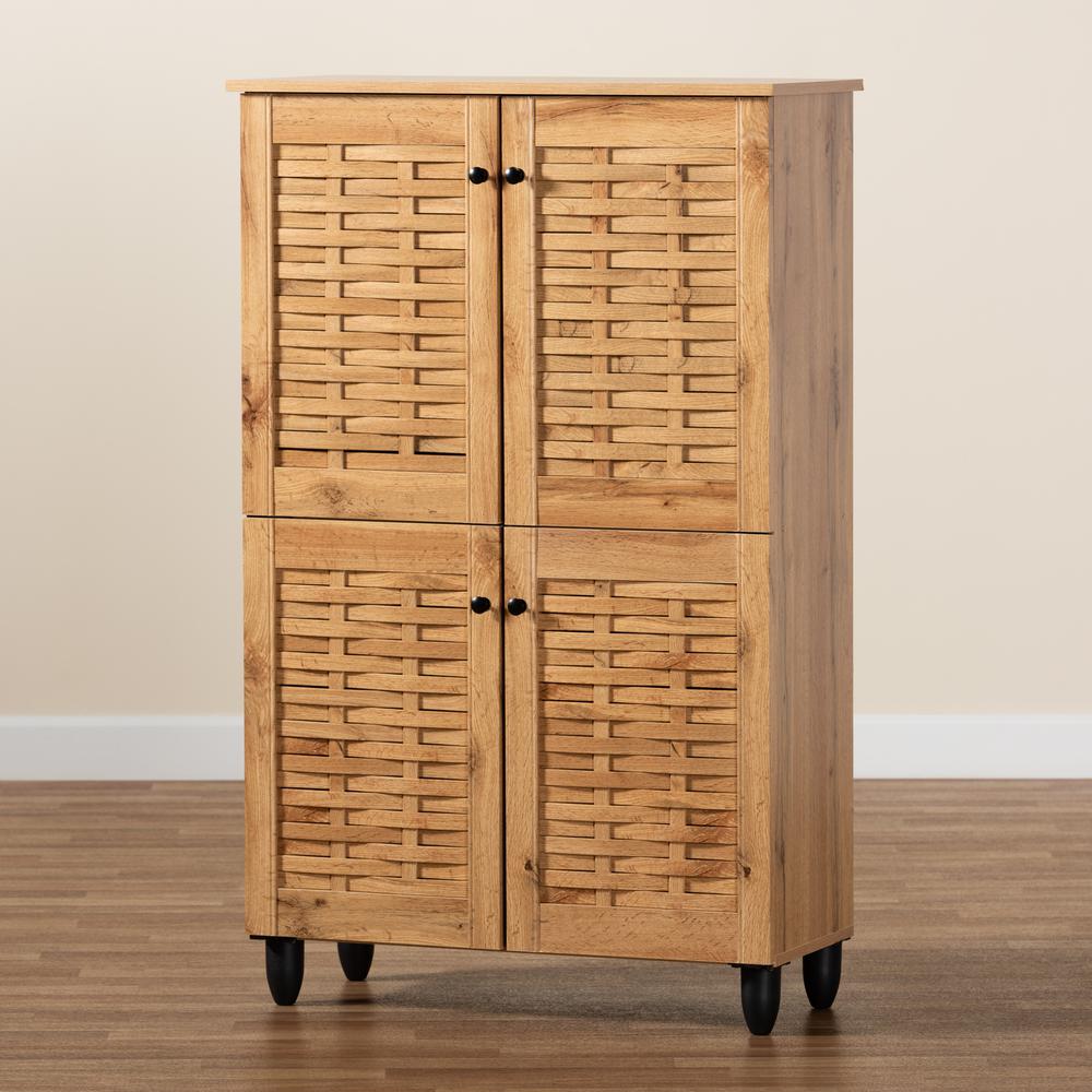 Oak Brown Finished Wood 4-Door Shoe Storage Cabinet. Picture 19