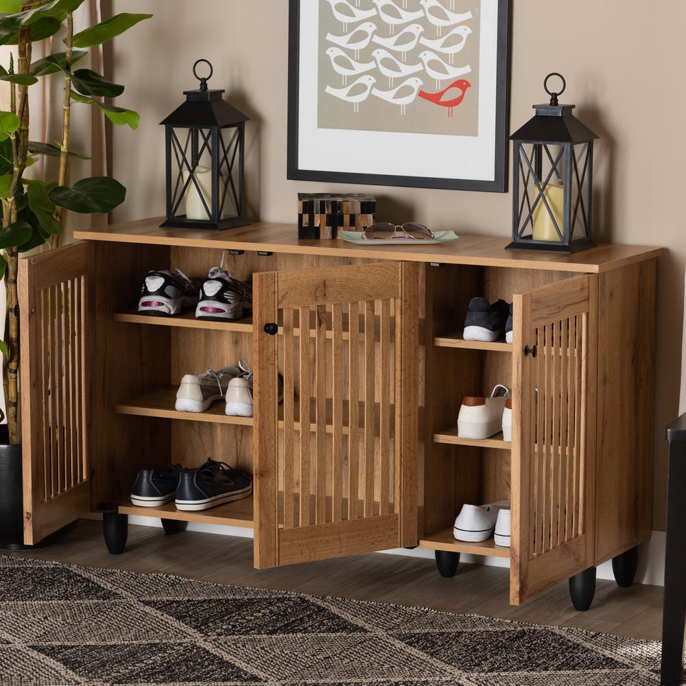Fernanda Modern and Contemporary Oak Brown Finished Wood 3-Door Shoe Cabinet. Picture 19