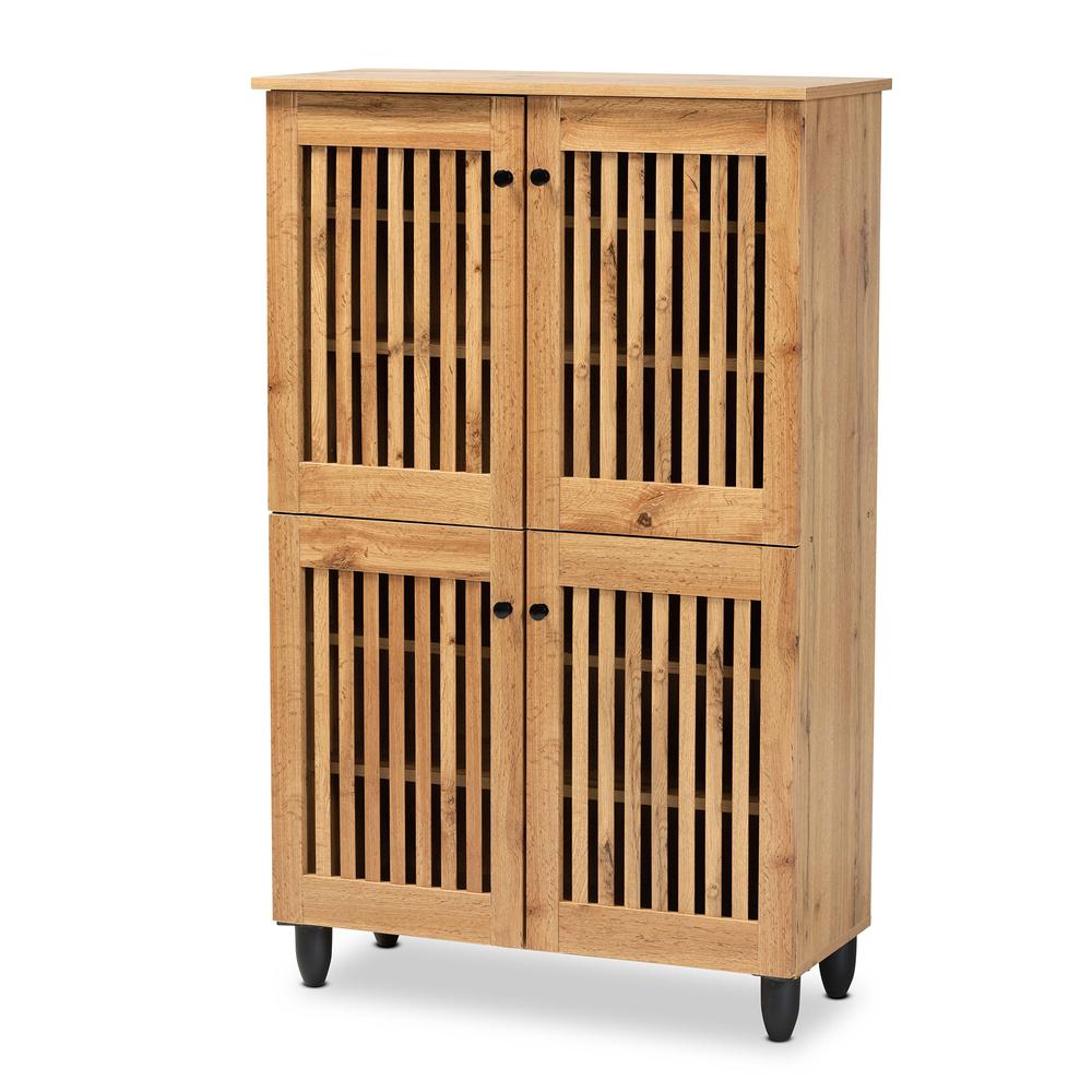 Oak Brown Finished Wood 4-Door Shoe Storage Cabinet. Picture 11