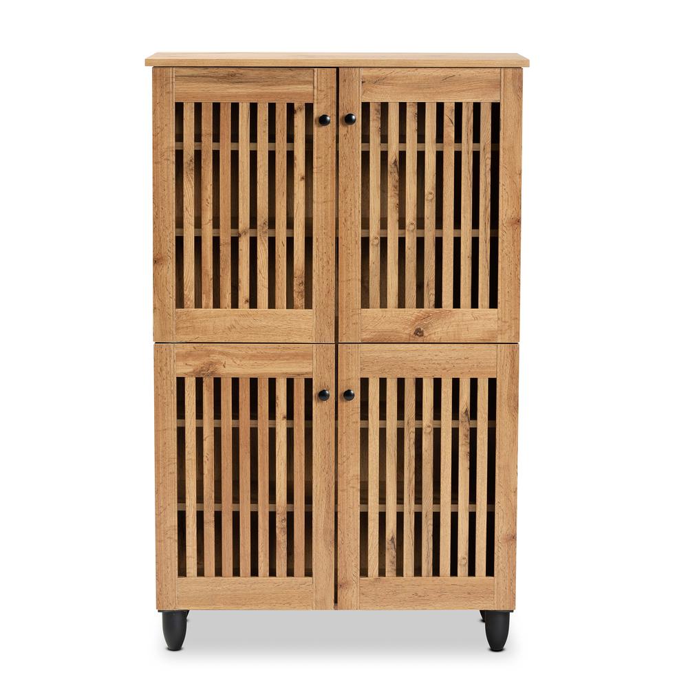 Oak Brown Finished Wood 4-Door Shoe Storage Cabinet. Picture 13