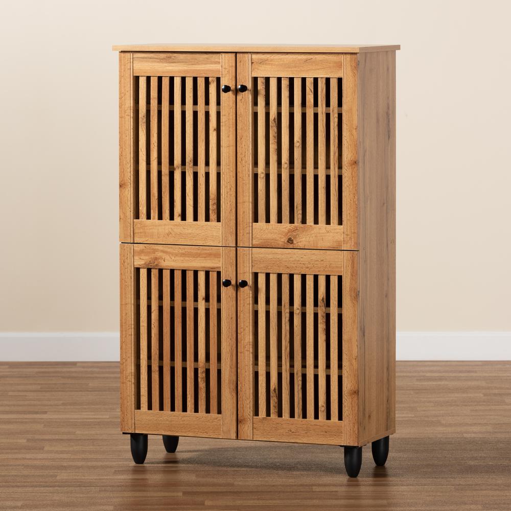 Oak Brown Finished Wood 4-Door Shoe Storage Cabinet. Picture 19