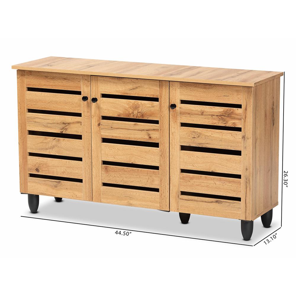 Oak Brown Finished Wood 3-Door Shoe Storage Cabinet. Picture 20