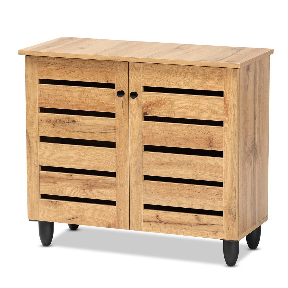 Oak Brown Finished Wood 2-Door Shoe Storage Cabinet. Picture 11