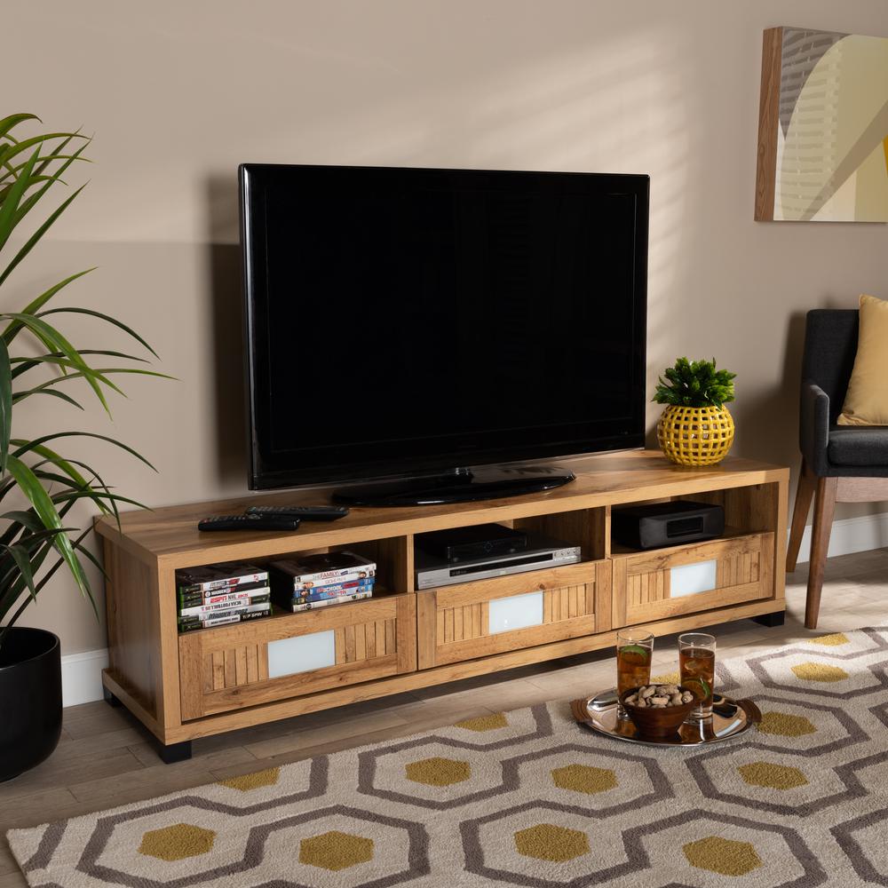 Gerhardine Oak Brown Modern and Contemporary Finished Wood 3-Drawer TV Stand. Picture 17