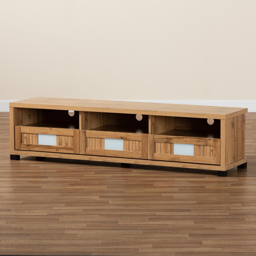 Gerhardine Oak Brown Modern and Contemporary Finished Wood 3-Drawer TV Stand. Picture 18