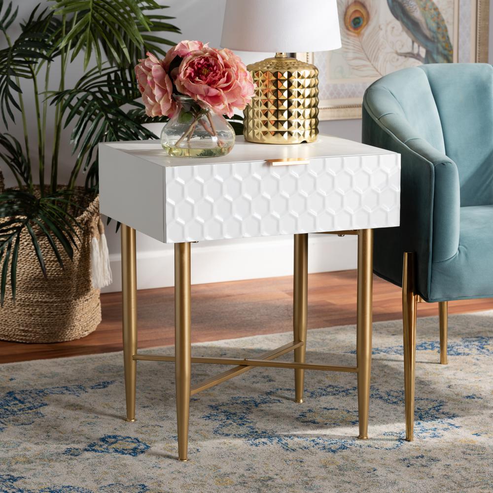 Baxton Studio Marcin Contemporary Glam and Luxe White Finished Wood and Gold Metal 1-Drawer Nightstand. Picture 12