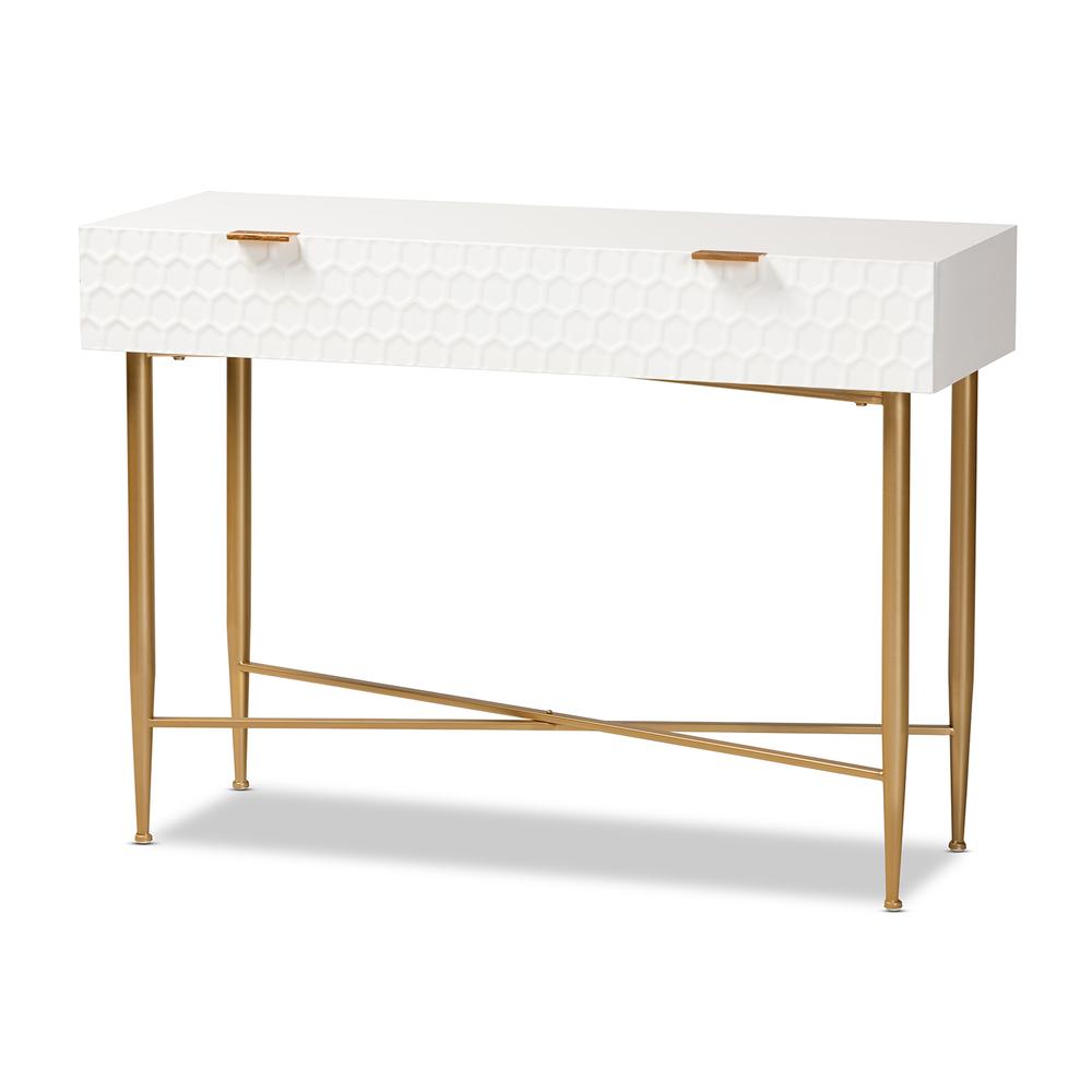 White Finished Wood and Gold Metal 1-Drawer Console Table. Picture 11