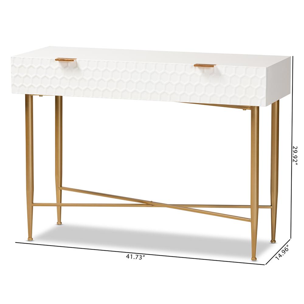 White Finished Wood and Gold Metal 1-Drawer Console Table. Picture 20