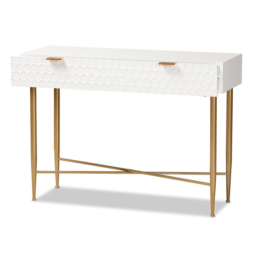 White Finished Wood and Gold Metal 1-Drawer Console Table. Picture 12