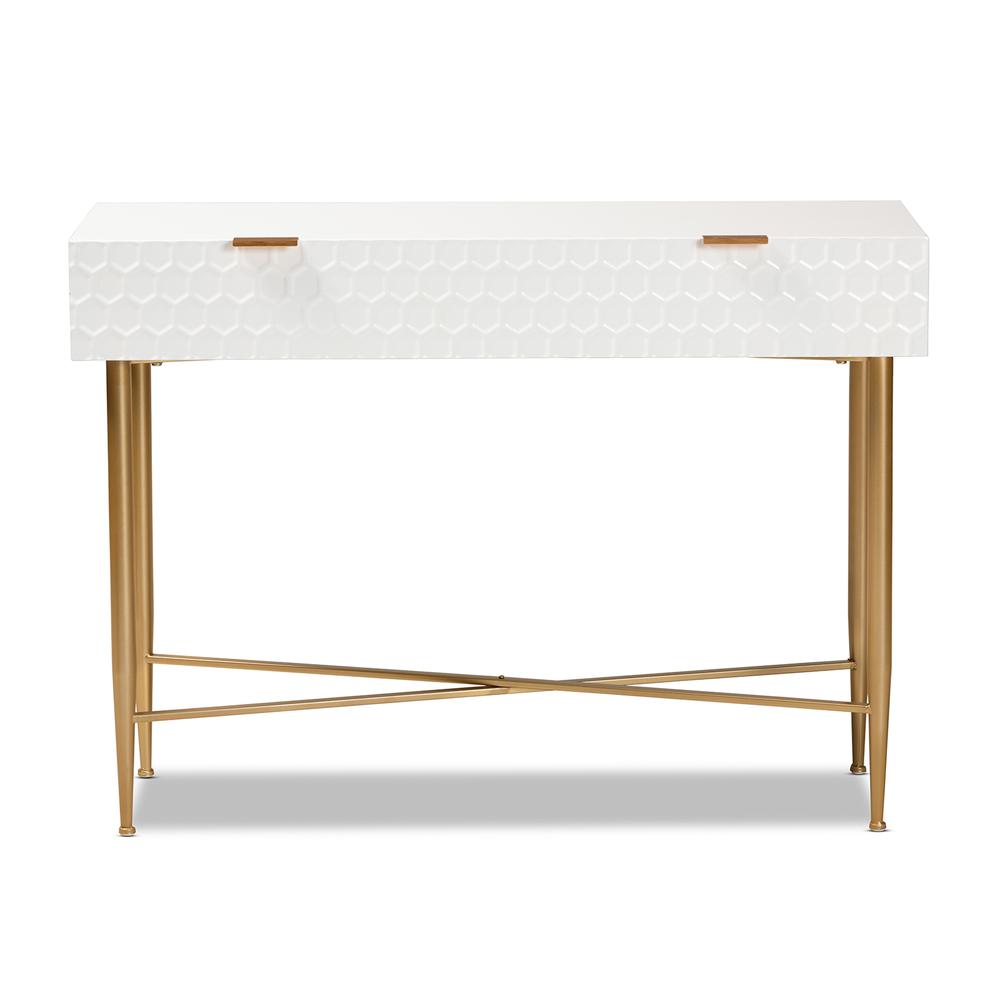 White Finished Wood and Gold Metal 1-Drawer Console Table. Picture 13