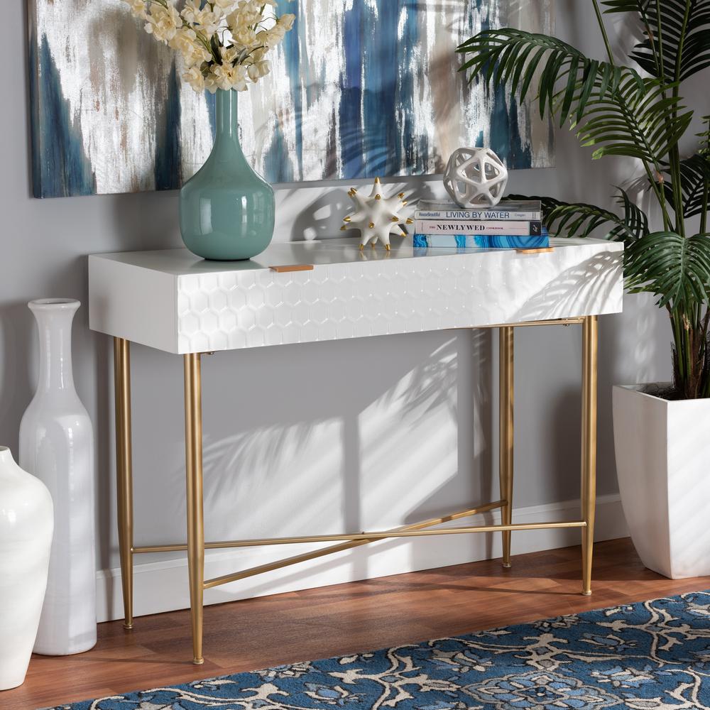 White Finished Wood and Gold Metal 1-Drawer Console Table. Picture 18
