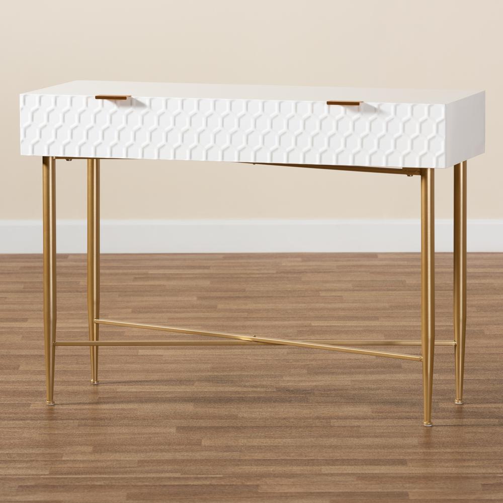 White Finished Wood and Gold Metal 1-Drawer Console Table. Picture 19