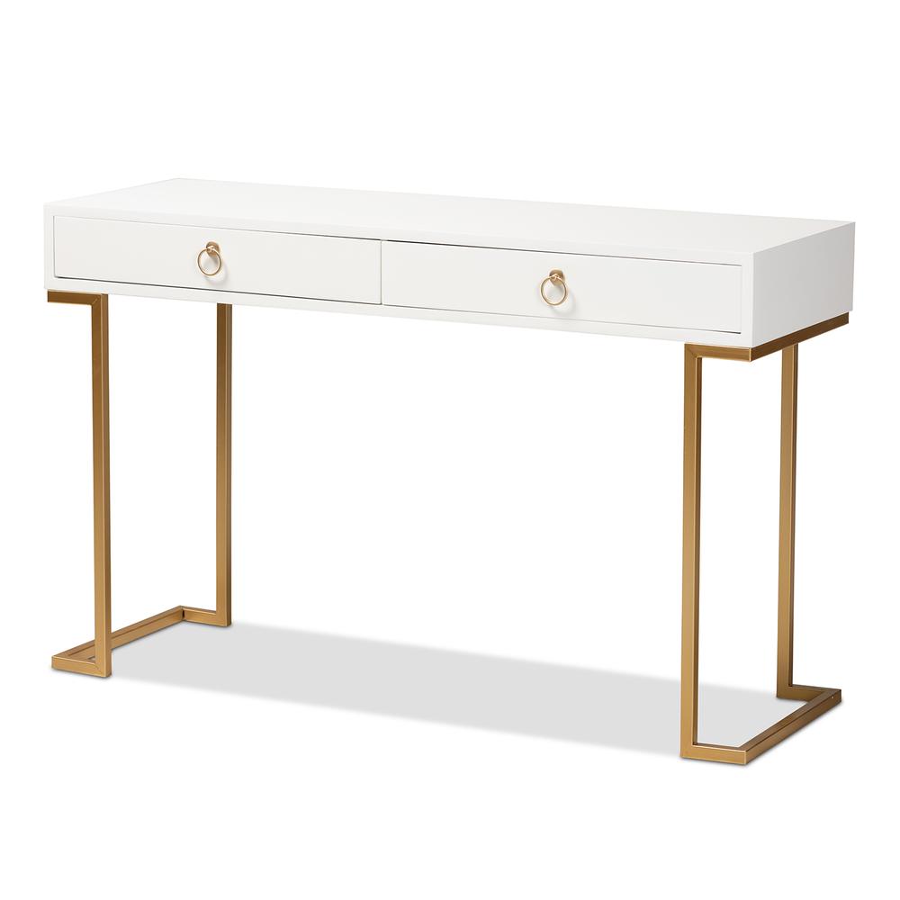White Finished Wood and Gold Metal 2-Drawer Console Table. Picture 11