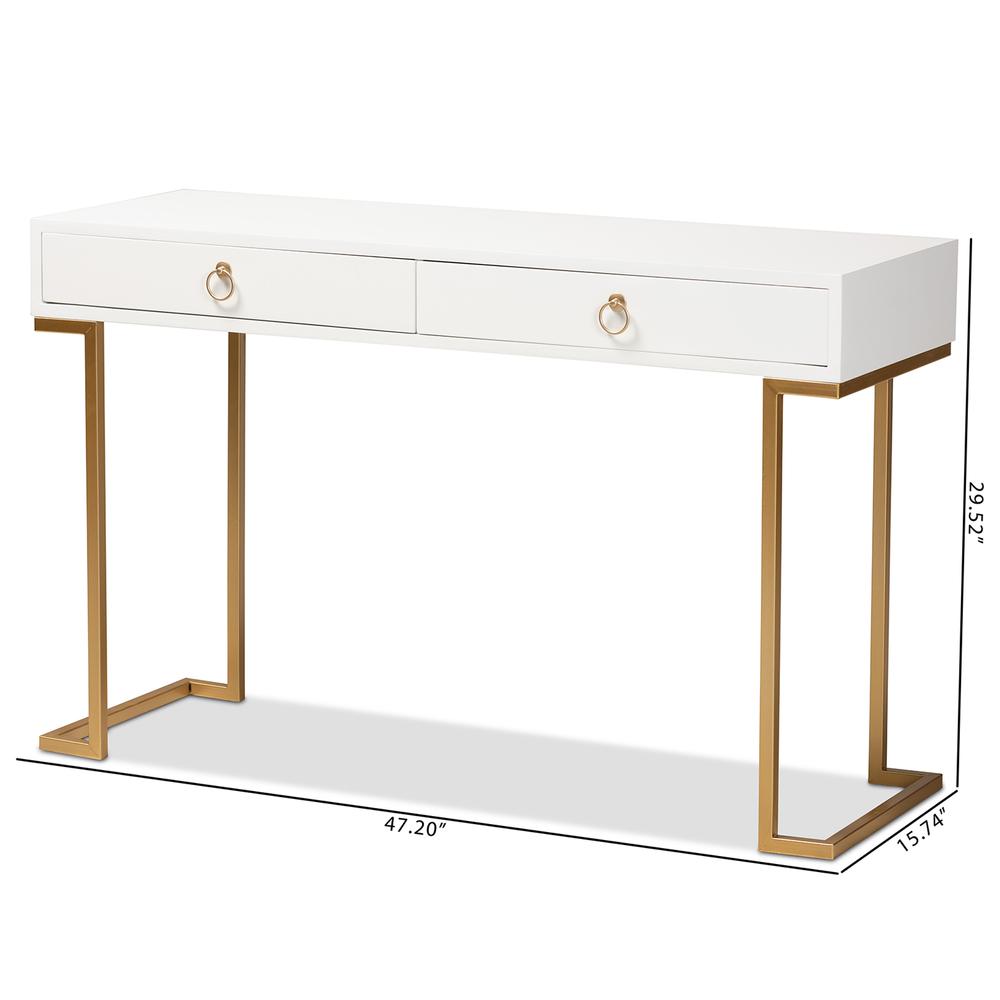 White Finished Wood and Gold Metal 2-Drawer Console Table. Picture 20