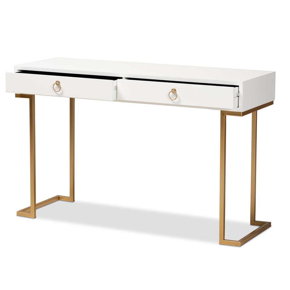 White Finished Wood and Gold Metal 2-Drawer Console Table. Picture 12