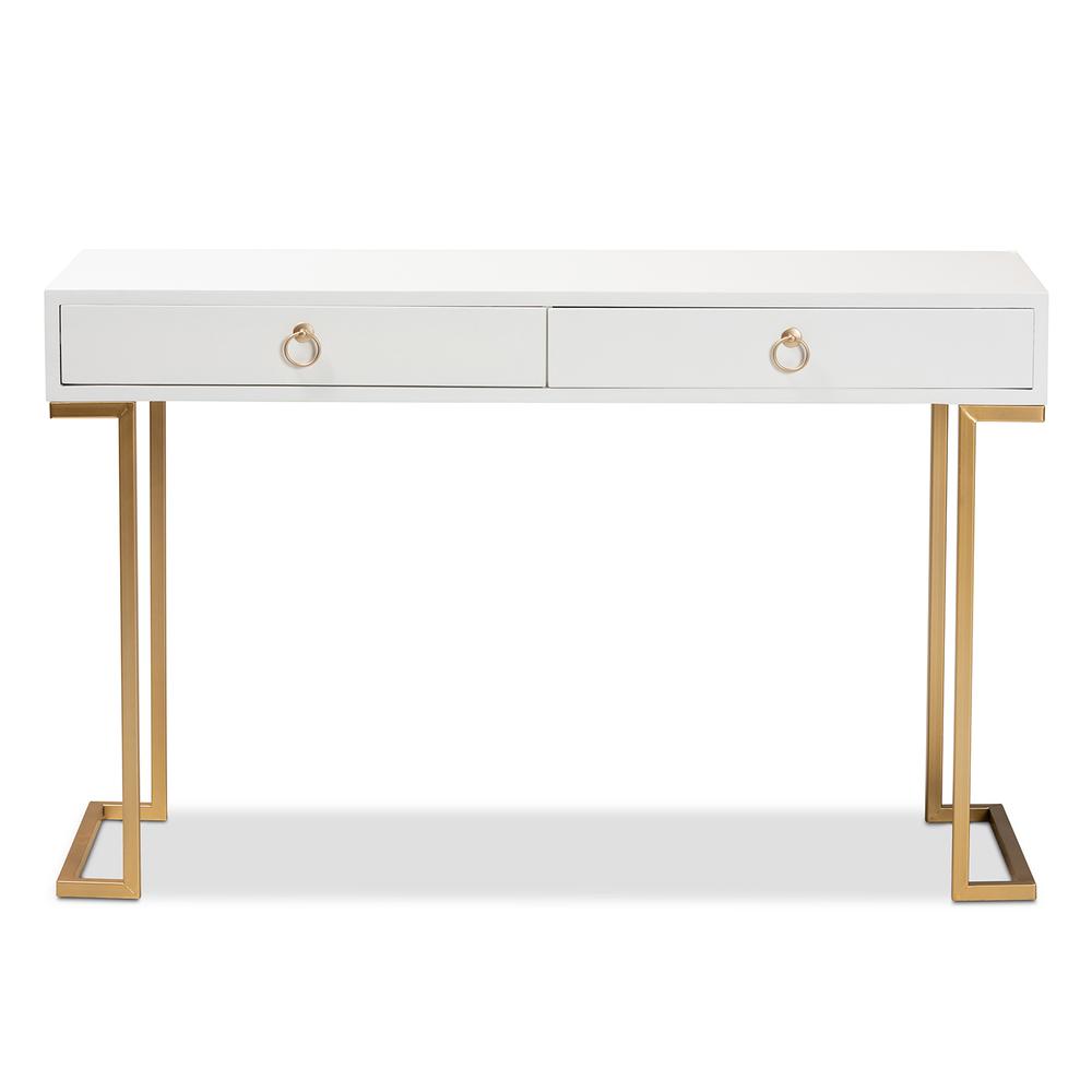 White Finished Wood and Gold Metal 2-Drawer Console Table. Picture 13
