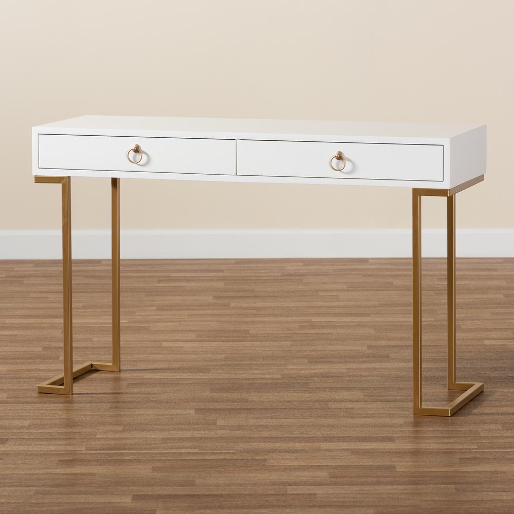 White Finished Wood and Gold Metal 2-Drawer Console Table. Picture 19